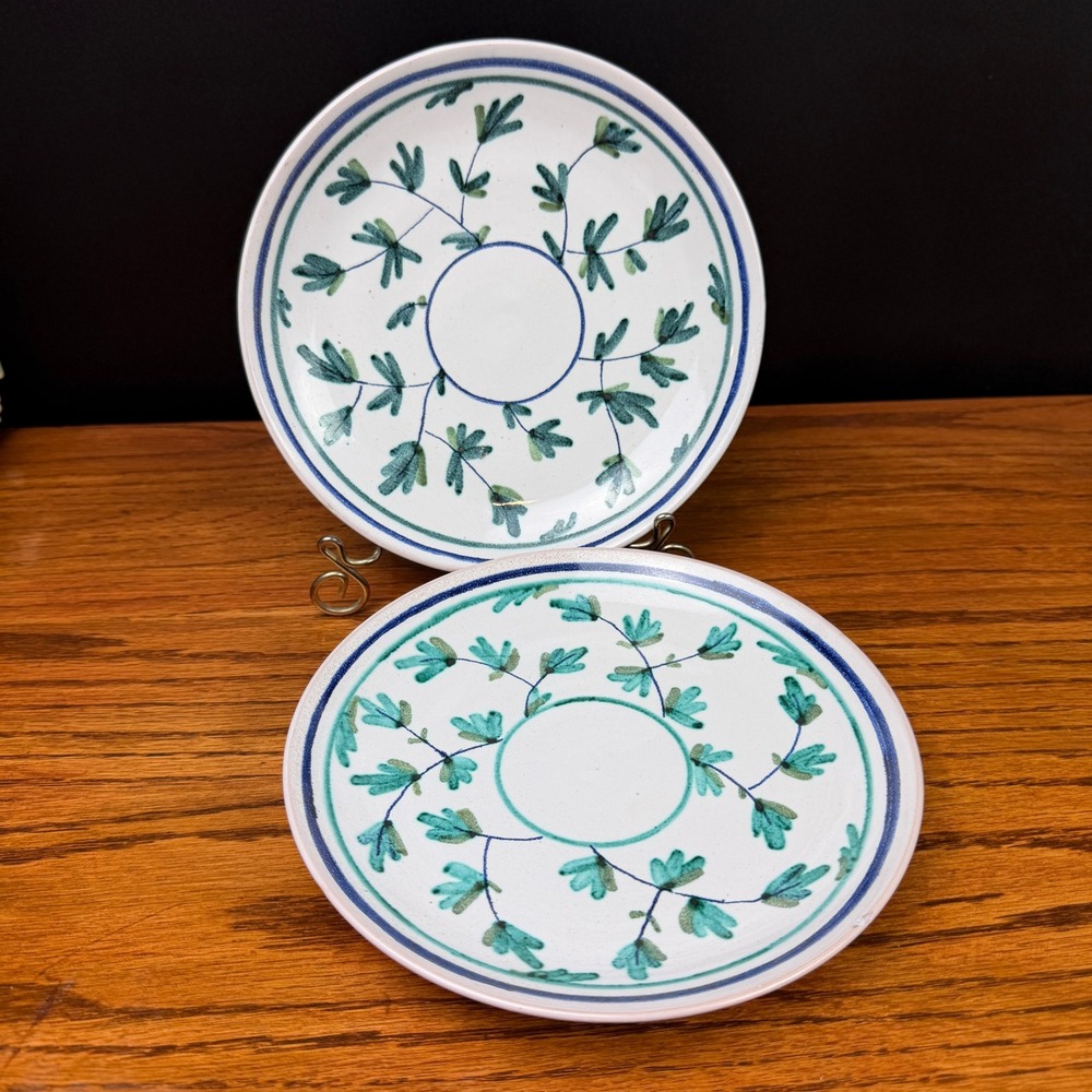 Laurine Plate Set Hand Painted Stoneware Signed Blue Green 7.75" Vintage Denmark
